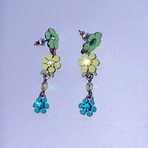 Flowery green and teal drop earrings with gems
